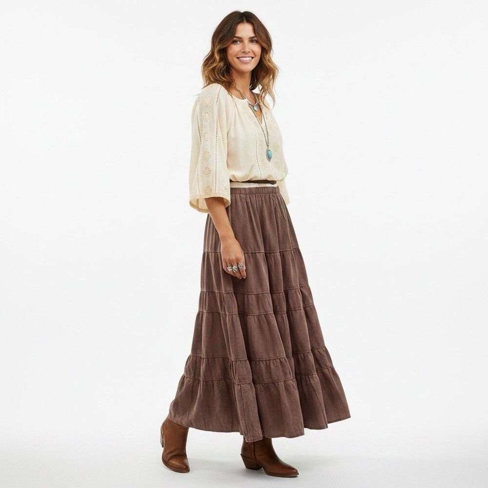 Boho Tiered Maxi Skirt M Chocolate Brown Faux Suede Western Cottagecore Fairy